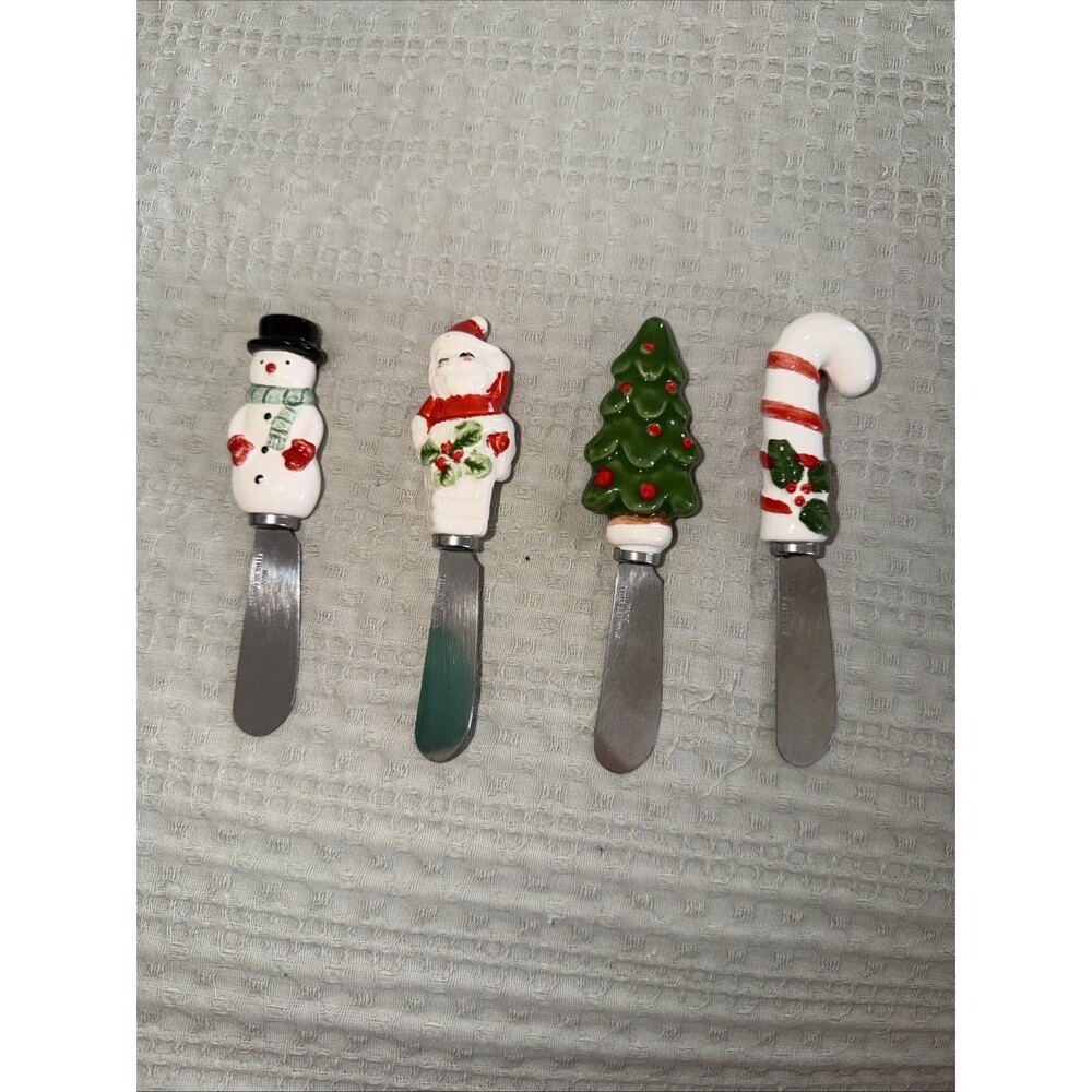 Vintage Christmas Cheese Butter Spreaders Set Of 4 Santa Snowman Candy Cane Tree